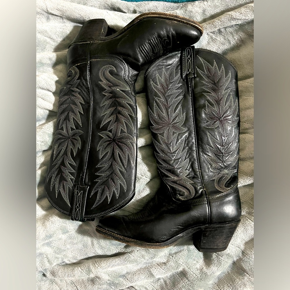 Dan Post Sz 5.5 Black Leather Mid Calf Pull On Western Cowboy Boots